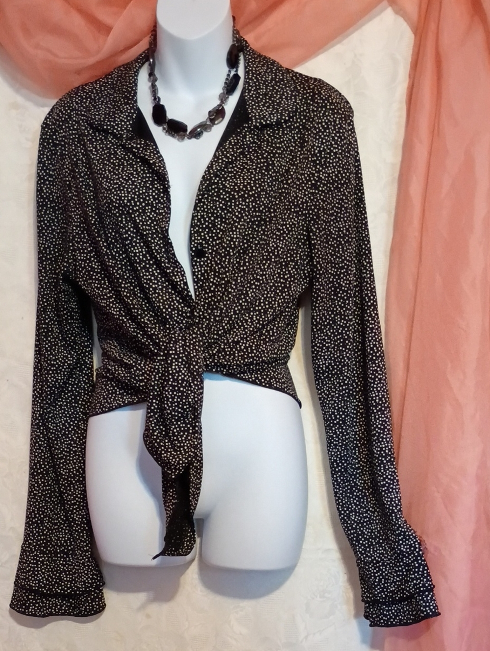 Long Elegant Legs Ladies Black And White Polka Dot Button-down Shirt Sz Sm